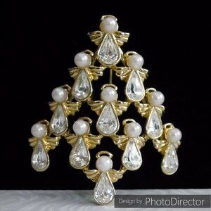 Vintage Nina Ricci 18K GP Swarovski Crystal & Pearl Angel Christmas Tree Brooch